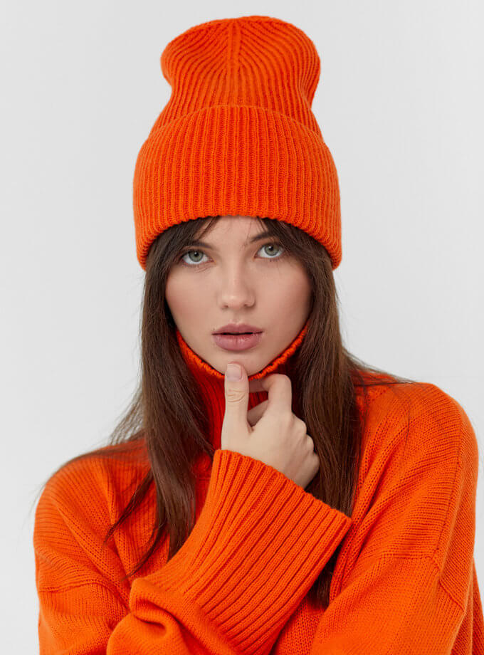 Шапка біні з вовни мериноса FIORE BIANCO (FRBC_FBhat_orange)