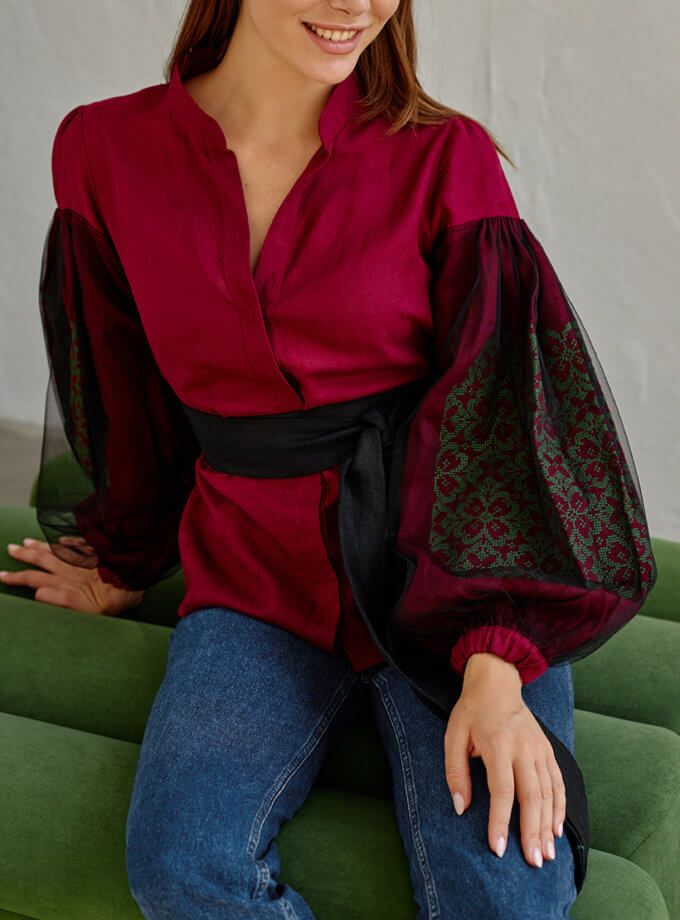 Блуза з рукавом сітка зелена вишивка EMBROIDERED GEM (EMB_SS22_1027)