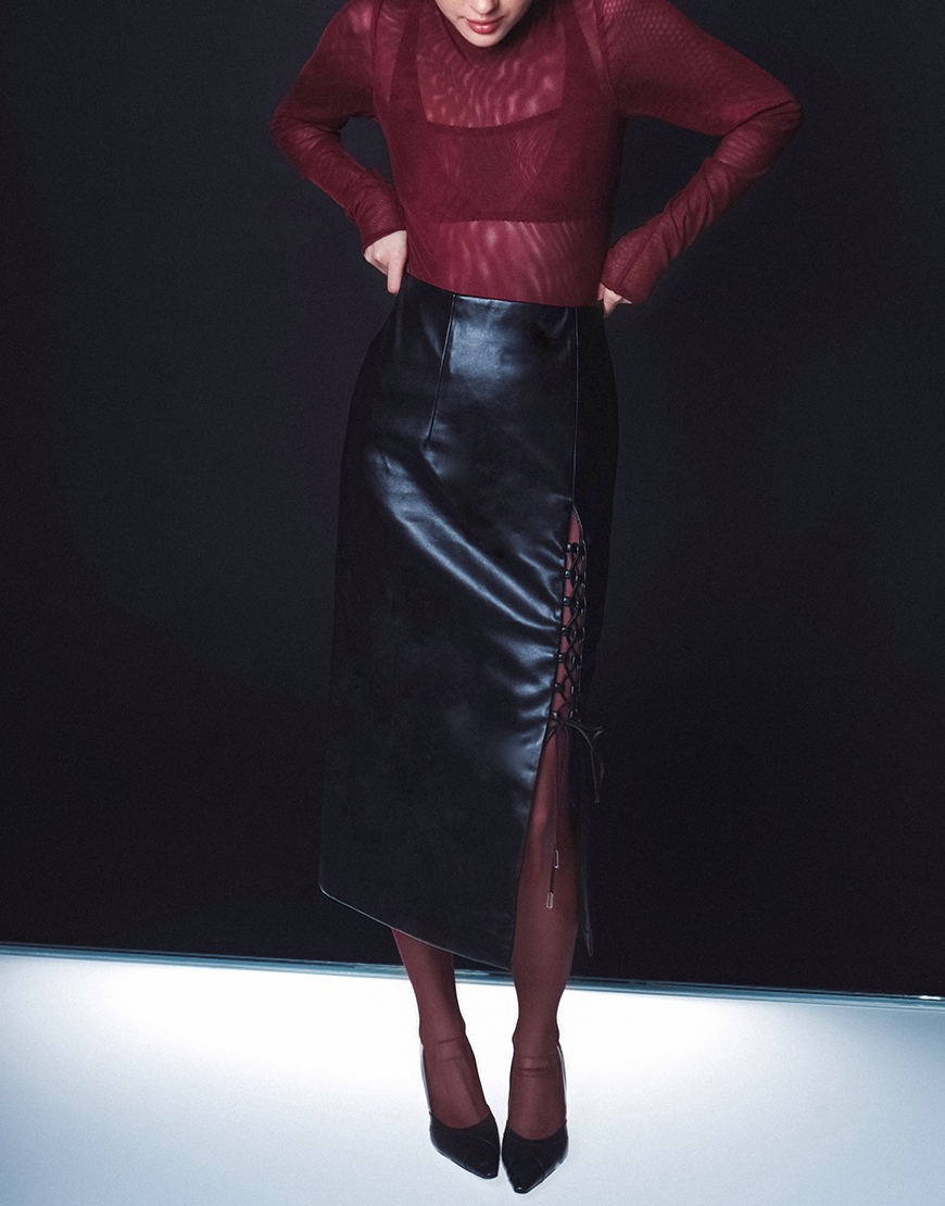 IMG_11456 Шкіряна міді спідниця зі шнурівкою ROSCA (RSC_Skirt-001) - фото 3