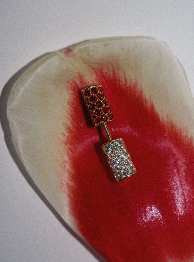 Половина моно-сережки Balance жовта з червоним камінням RIMMART JEWELRY (RAJ_ERApl-046r)