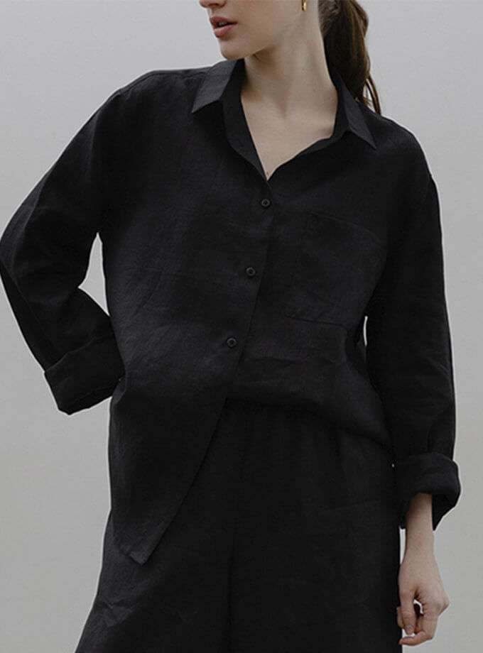 Сорочка лляна чорна з класичним коміром BALCONY GARMENT (BLCN_1101) - фото 7