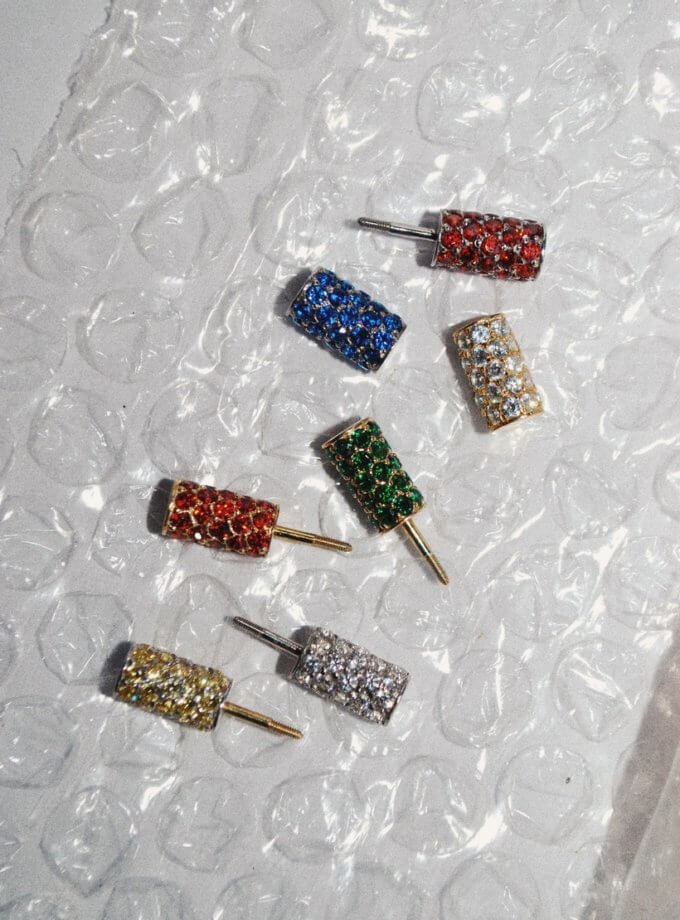 Половина моно-сережки Balance жовта із зеленим камінням RIMMART JEWELRY (RAJ_ERApl-046g)