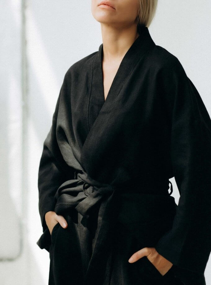 Чорний костюм з кімоно та палаццо з льону DUGA (SGL_KP_2)