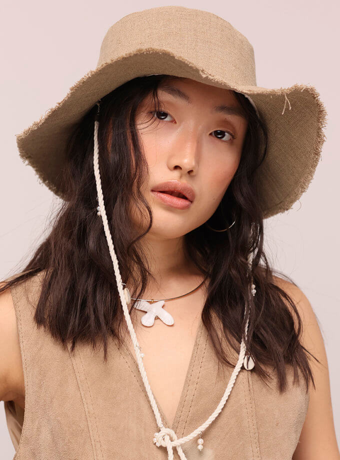 Лляна панама з широкими полями Beige FURT (FR_LNHT02-DRCK-SHLL-PRLS)