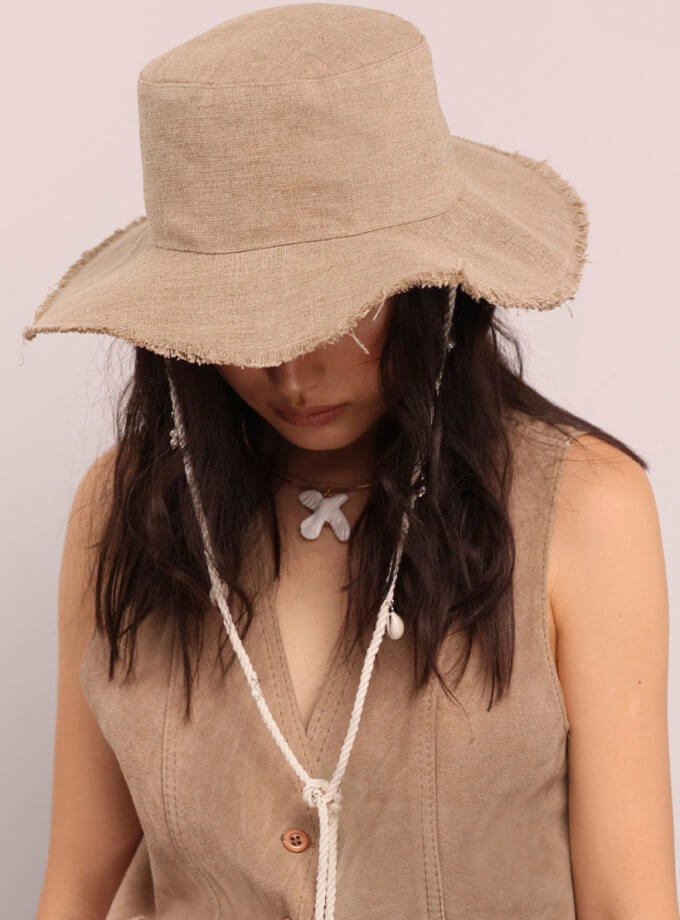 Лляна панама з широкими полями Beige FURT (FR_LNHT02-DRCK-SHLL-PRLS)