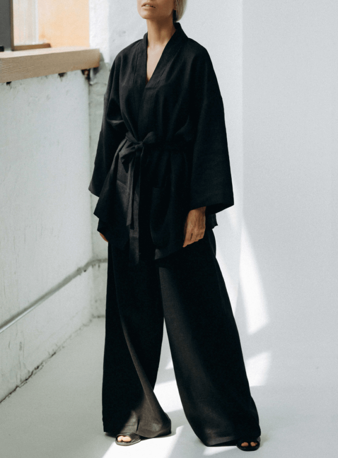 Чорний костюм з кімоно та палаццо з льону DUGA (SGL_KP_2)