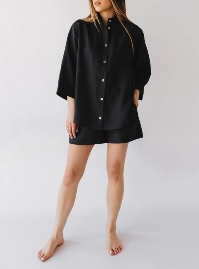 Чорний лляний костюм з кроп шортами DUGA (SGL_SCS_3)