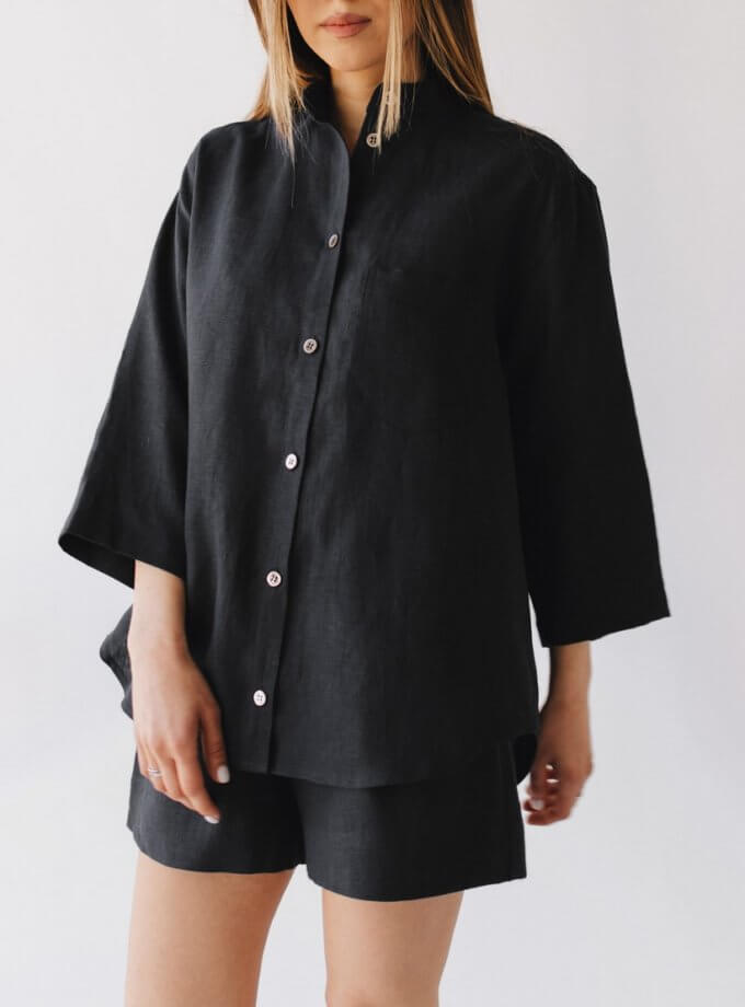 Чорний лляний костюм з кроп шортами DUGA (SGL_SCS_3)