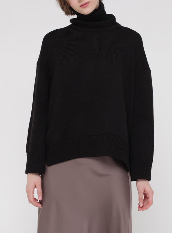 Об'ємний джемпер з вовни з горловиною та розрізами по боках MISS SECRET (MISS_PU-015-black)