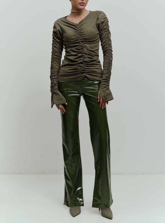 Штани лакові хакі ROSCA (RSC_PNT-leather-0017)