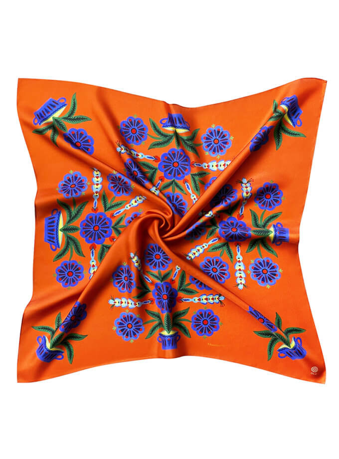 Шовкова хустка Квіти на помаранчевому OLIZ (OL_068)