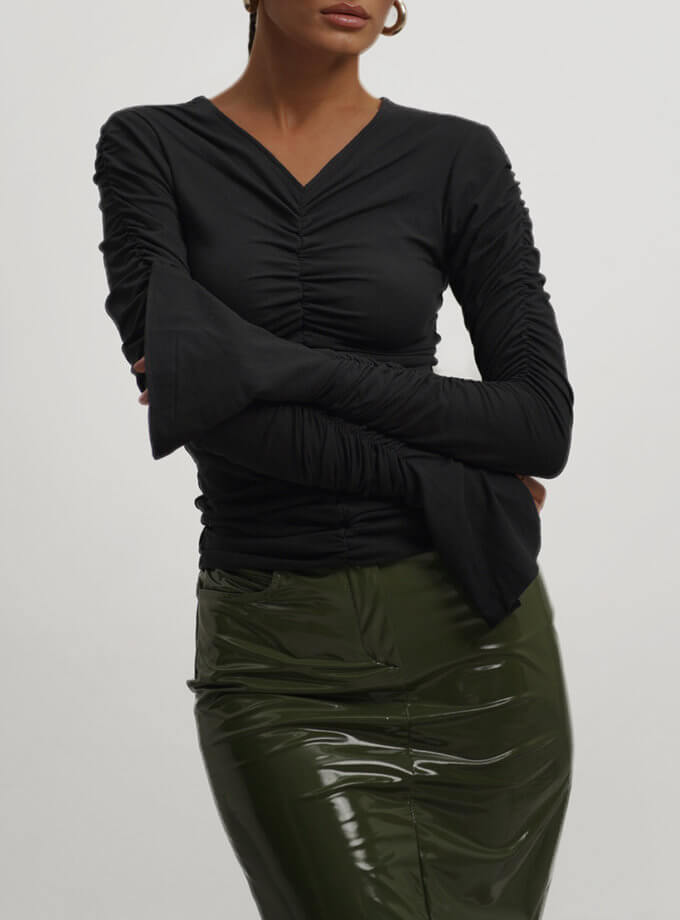 Лонгслів драпірований чорний ROSCA (RSC_Draped-long-sleeve-001/2)