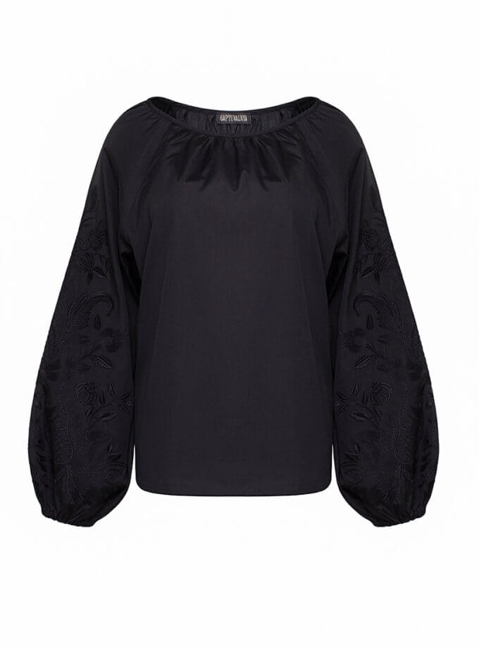 Бавовняна блуза з дизайнерською вишивкою, чорний орнамент, чорне полотно GAPTUVALNYA (GPTV_GA_AA_506)