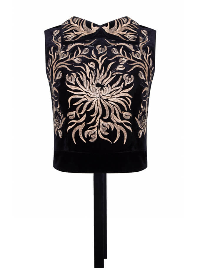 Вишитий жилет з коміром Яворівський дивоцвіт, темно-синій оксамит GAPTUVALNYA (GPTV_GA_AA_1308)