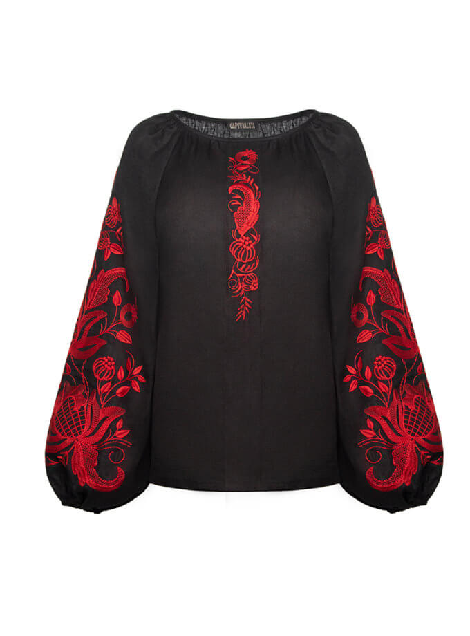 Блузка з дизайнерською вишивкою Гранатова лоза, червоний орнамент, чорне полотно GAPTUVALNYA (GPTV_GA_AA_505)