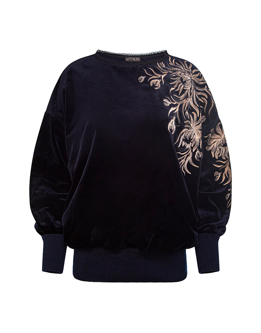 sweater1 Світшот з дизайнерською вишивкою Яворівський дивоцвіт, темно-синій оксамит GAPTUVALNYA (GPTV_GA_AA_1307) - фото 3