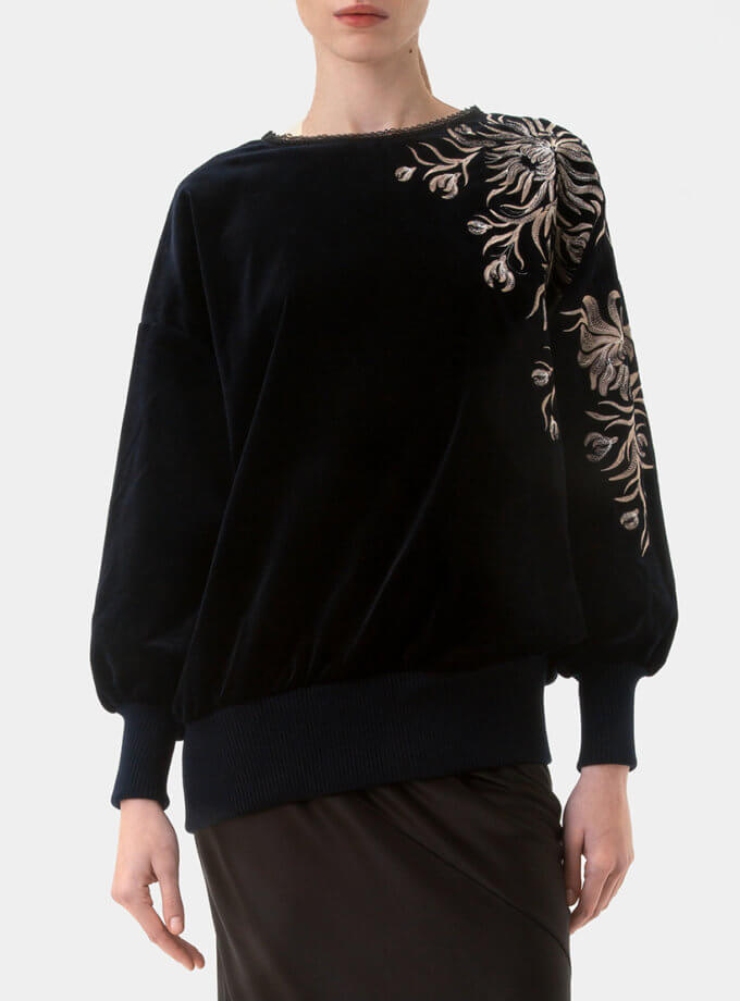 Світшот з дизайнерською вишивкою Яворівський дивоцвіт, темно-синій оксамит GAPTUVALNYA (GPTV_GA_AA_1307)