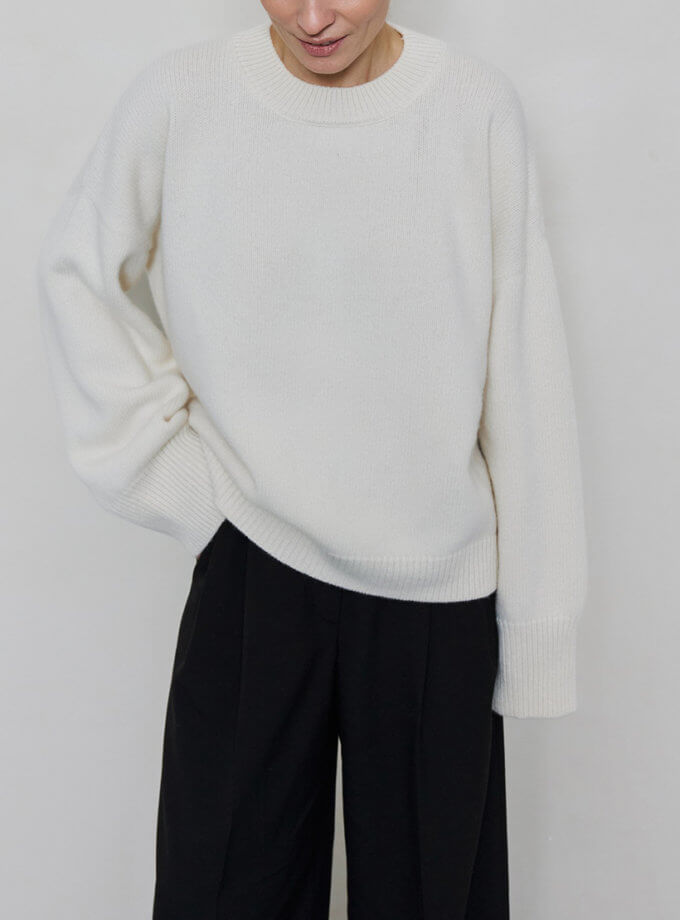 Светр  оверсайз з круглою горловиною з вовни мериноса та кашеміру FIORE BIANCO (FB1201_milk)