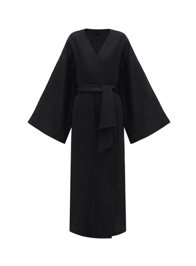 Чорне лляне кімоно з паском DUGA (DG_SS_7)