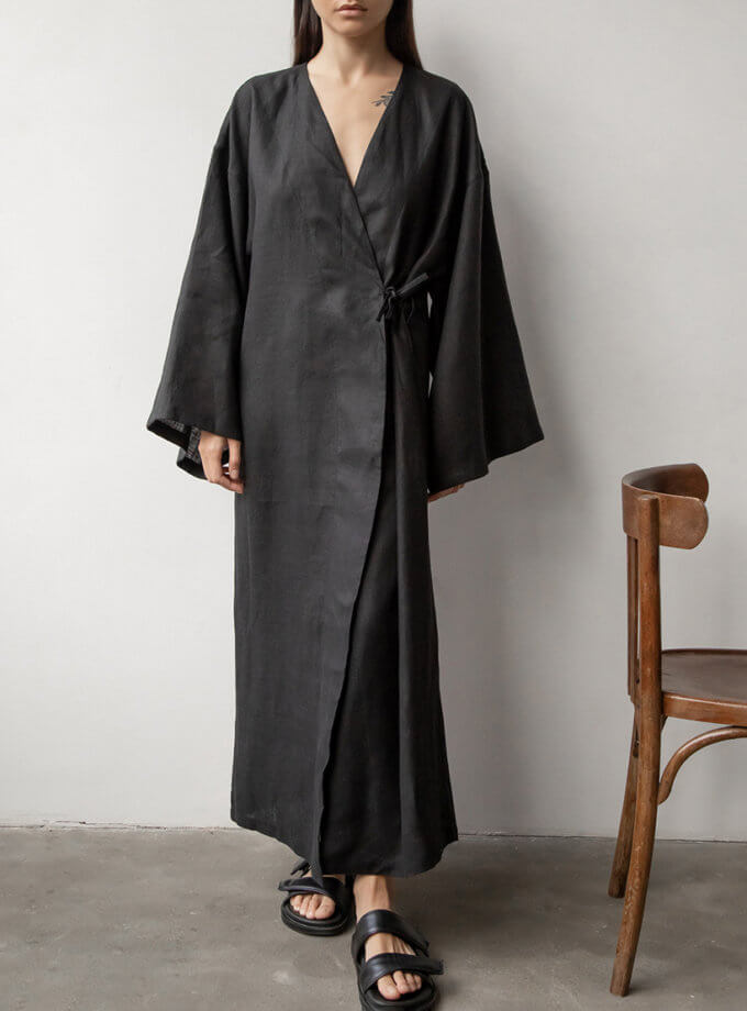 Чорне лляне кімоно з паском DUGA (DG_SS_7)