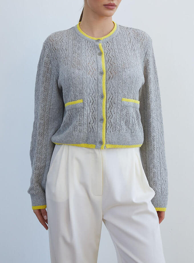 В'язаний кардиган сірий з жовтим THE ESSENCE (ESSENCE_THE24-52)