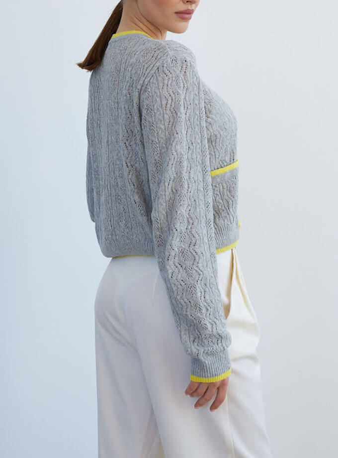 В'язаний кардиган сірий з жовтим THE ESSENCE (ESSENCE_THE24-52)
