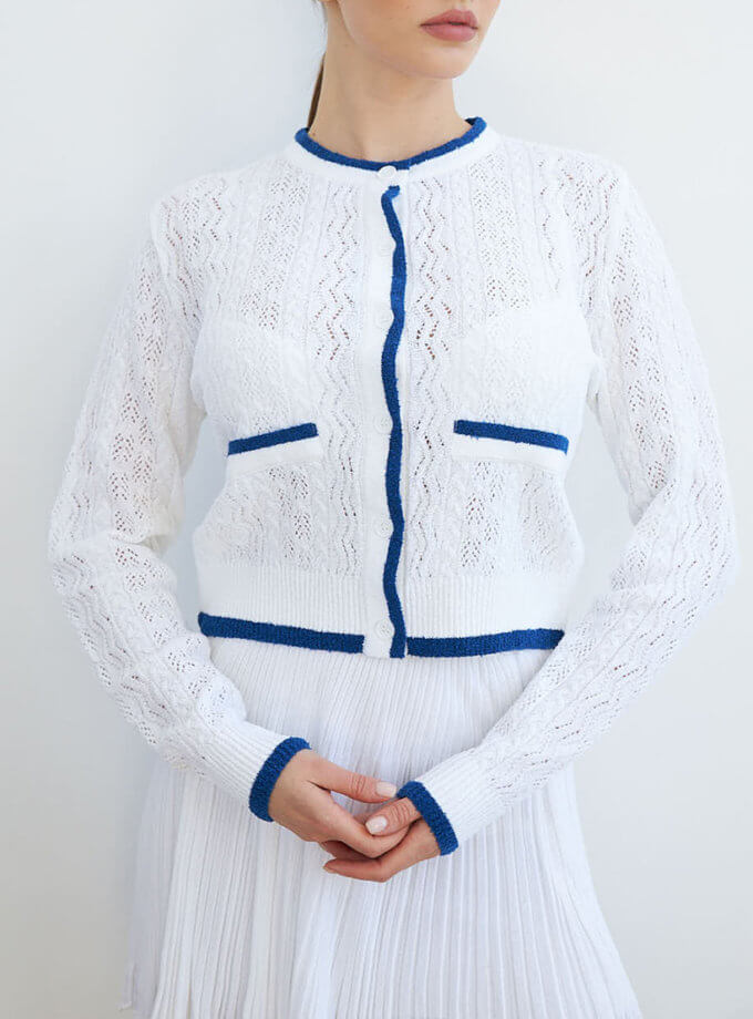 В'язаний кардиган білий з синім THE ESSENCE (ESSENCE_THE24-51)