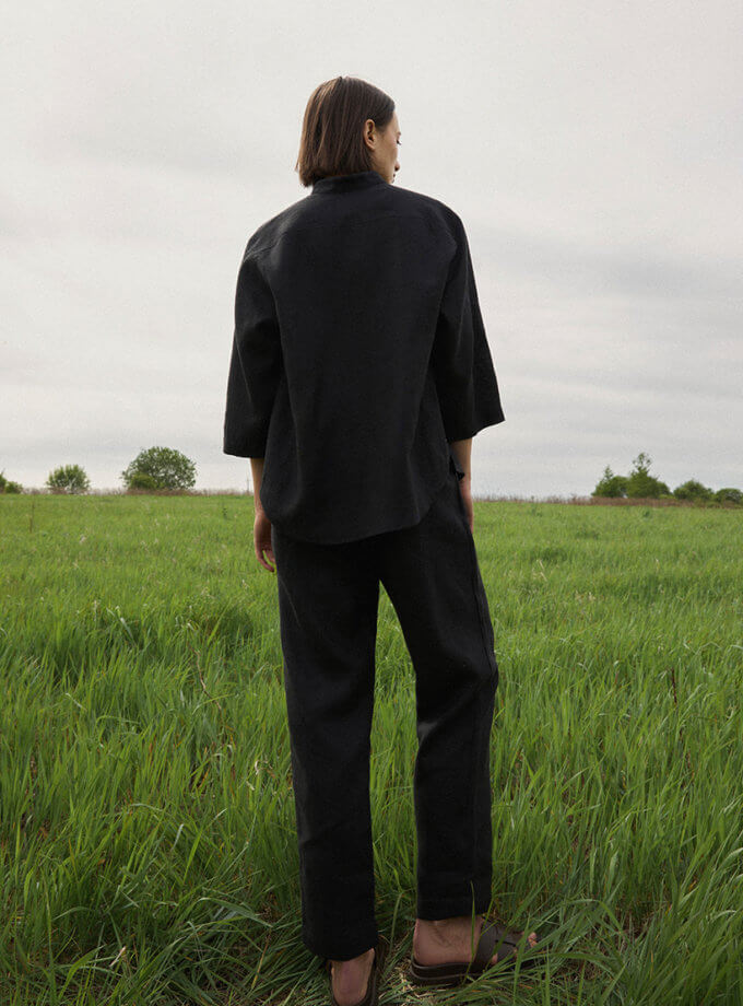 Чорний костюм сорочка та прямі штани з льону DUGA (DG_SS_30)