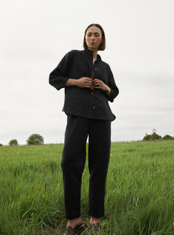 Чорний костюм сорочка та прямі штани з льону DUGA (DG_SS_30)