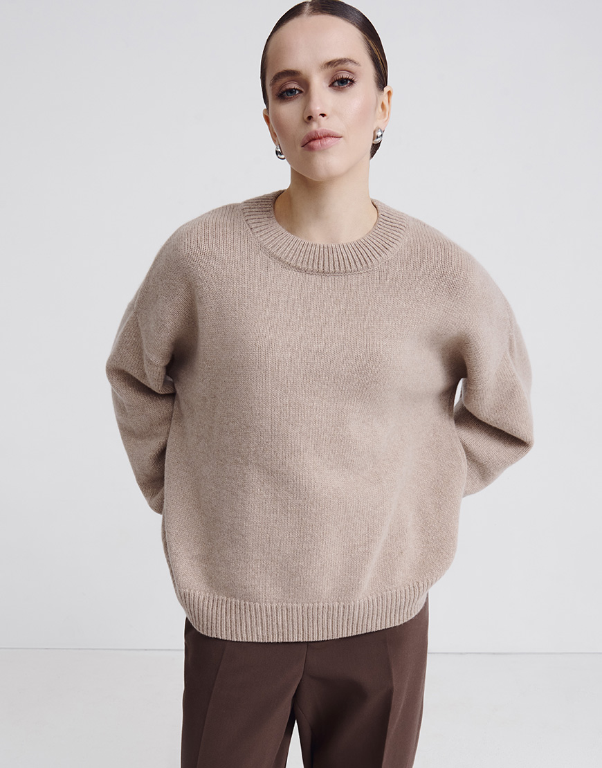 8559_PS Светр оверсайз з круглою горловиною з вовни мериноса та кашеміру FIORE BIANCO (FB1202_mokko) - фото 3