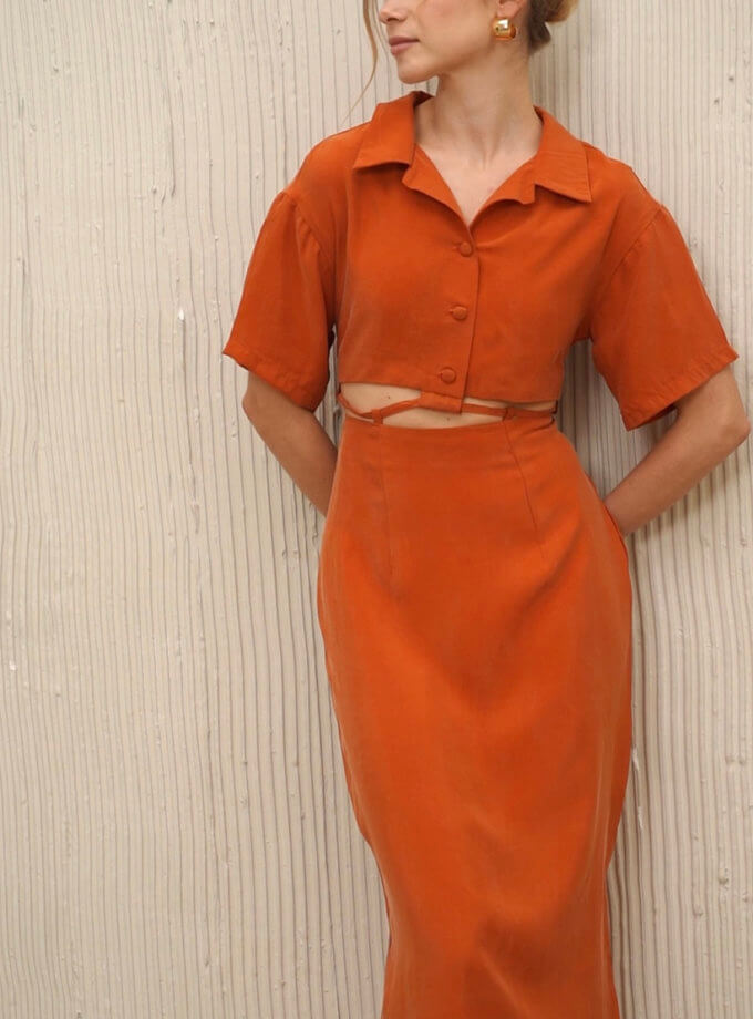 Сукня з перекрутом по периметру помаранчева ROSCA (DRESS-001/1)