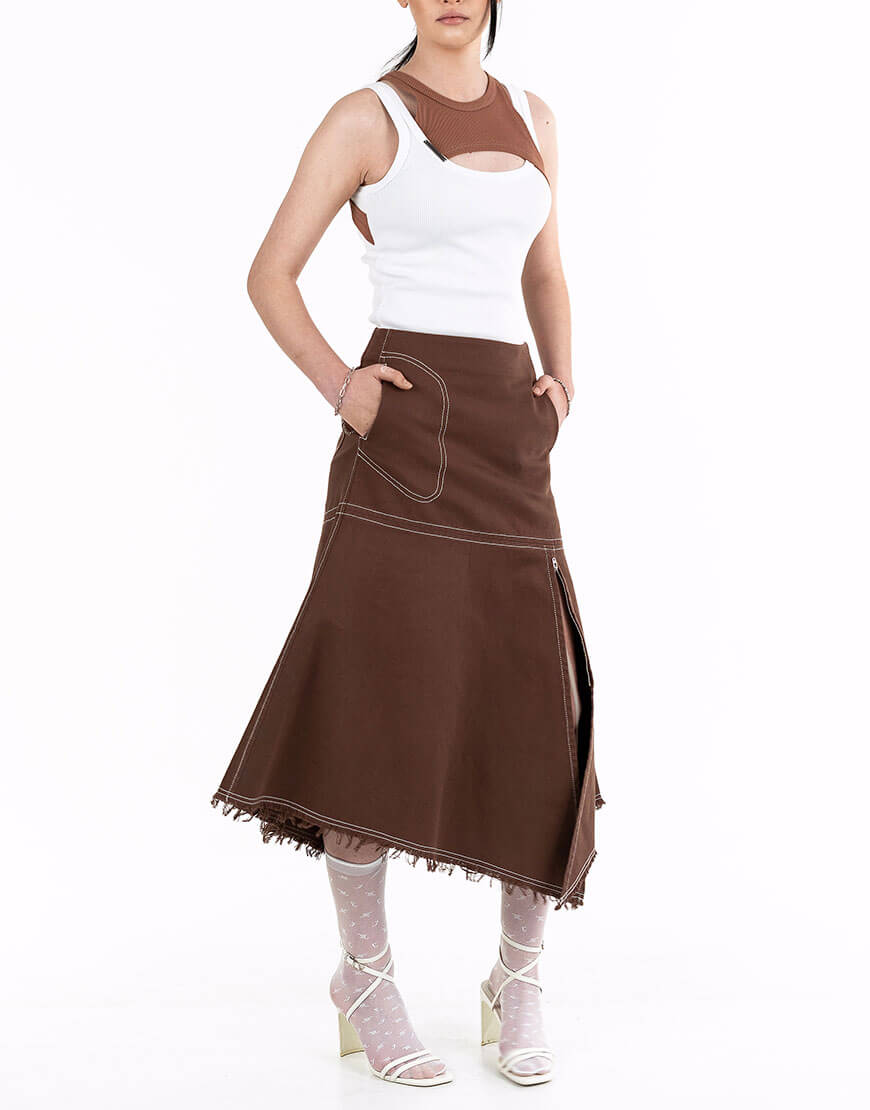 Seven_Eleven_ZDO_003 Спідниця коричнева джинсова кльош асиметрична 7/11 SEVEN ELEVEN (SE_SE25SkAsm_Br) - фото 2