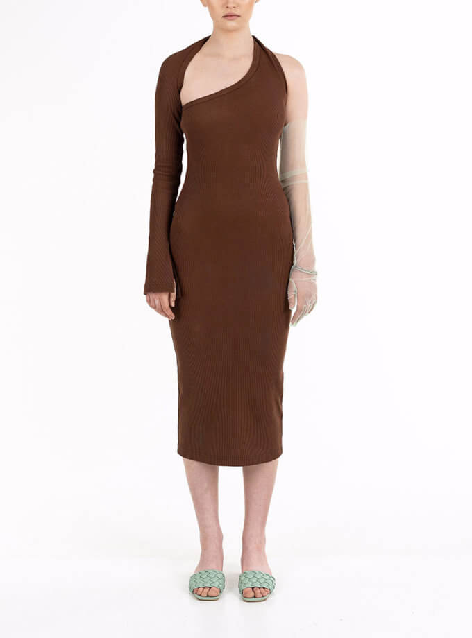 Сукня коричнева на один рукав трикотажна 7/11 SEVEN ELEVEN (SE_SE25DrOnSh_Br)