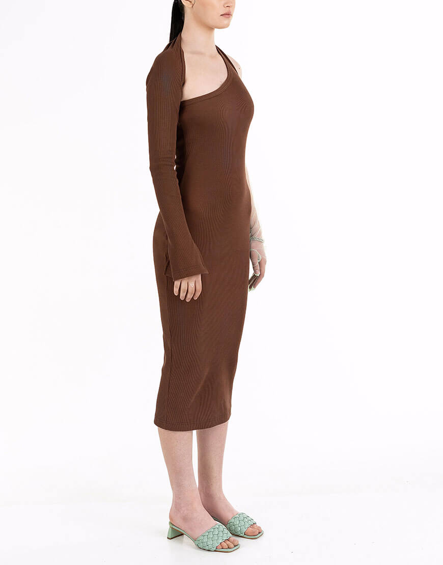 Seven_Eleven_ZDO_255 Сукня коричнева на один рукав трикотажна 7/11 SEVEN ELEVEN (SE_SE25DrOnSh_Br) - фото 3