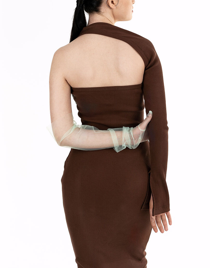 Seven_Eleven_ZDO_264 Сукня коричнева на один рукав трикотажна 7/11 SEVEN ELEVEN (SE_SE25DrOnSh_Br) - фото 6