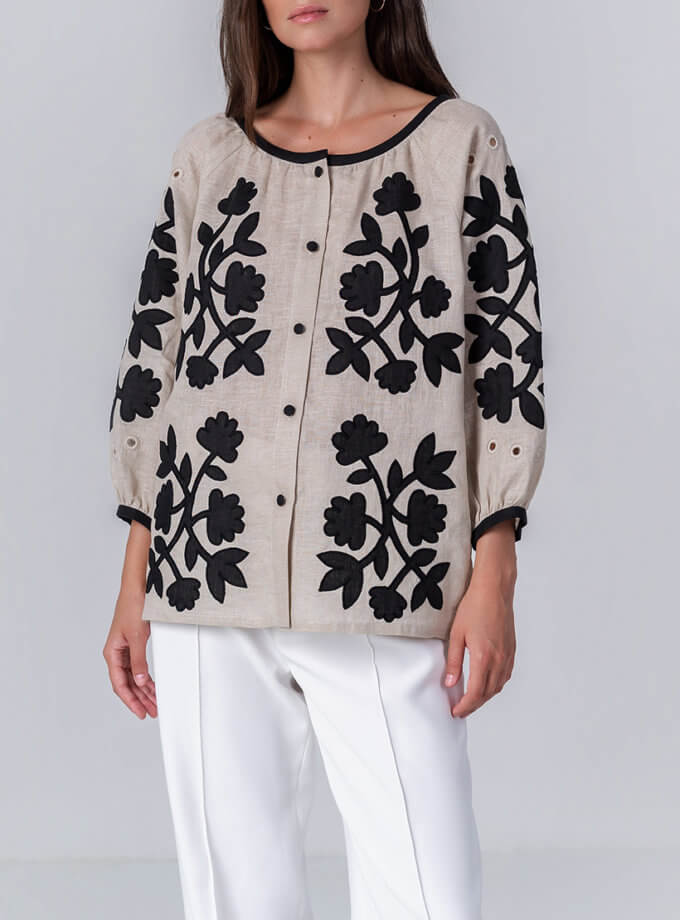 Лляна блуза з аплікацією Zagadka Black ETNODIM (ETN_Zagadka_Black) - фото 17