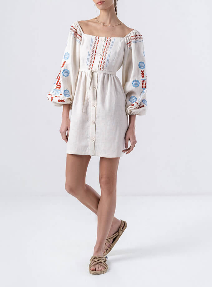 Лляна сукня з вишивкою молочного кольору Mozaika ETNODIM (ETN_Mozaika)