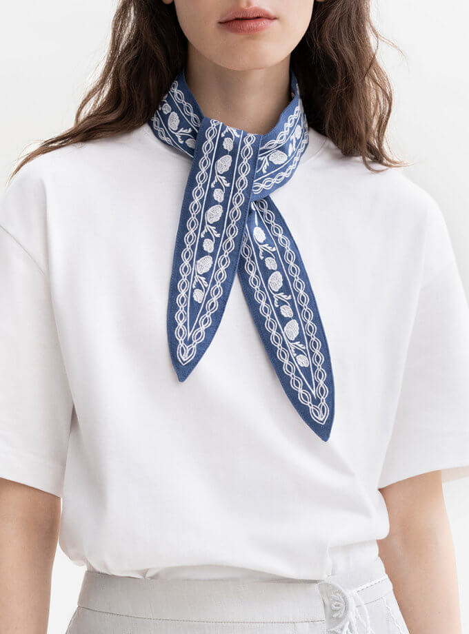 Лляна хустка блакитного кольору з білою вишивкою Дніпряна ETNODIM (ETN_Dnipro)