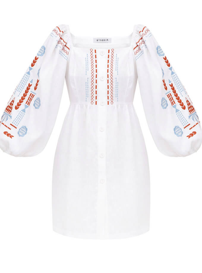 Лляна сукня з вишивкою молочного кольору Mozaika ETNODIM (ETN_Mozaika)