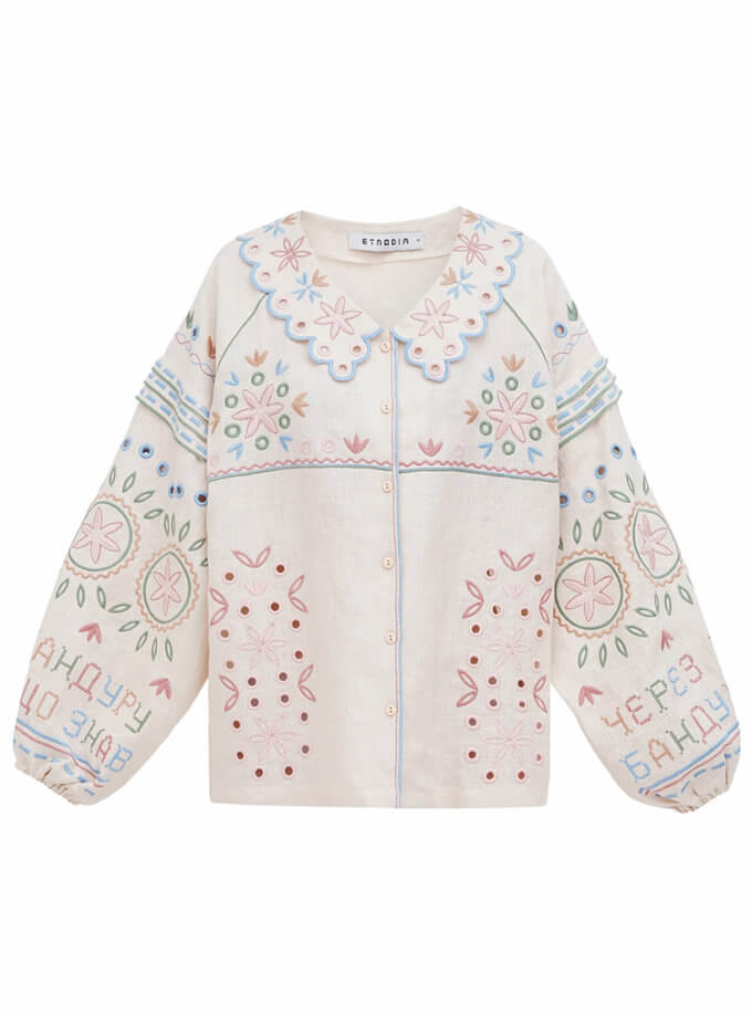 Вишиванка з бежевого льону та комірцем Bandura ETNODIM (ETN_Bandura)