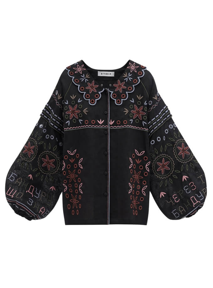 Вишиванка з чорного льону та комірцем Bandura Temna ETNODIM (ETN_Bandura_Temna)