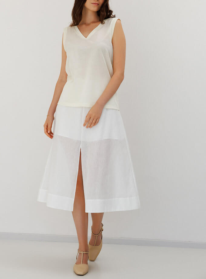 Спідниця міді білого кольору з льону з бавовною. SANVY (SNV_SANSK_LB_3)