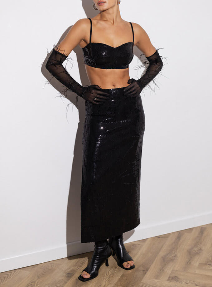 Чорна спідниця міді з розрізом у паєтку SAVOUR (SVR_FD-01)