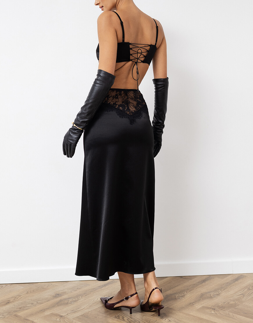 _PHT9334 Чорна атласна спідниця з мереживом SAVOUR (SVR_FD-21) - фото 4