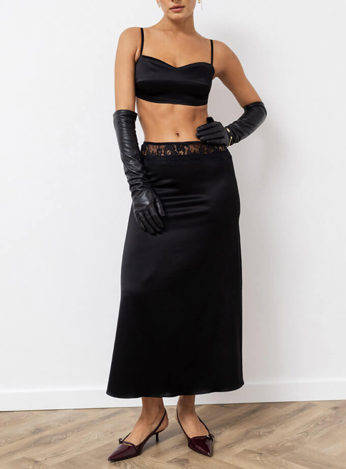 Чорна атласна спідниця з мереживом SAVOUR (SVR_FD-21)