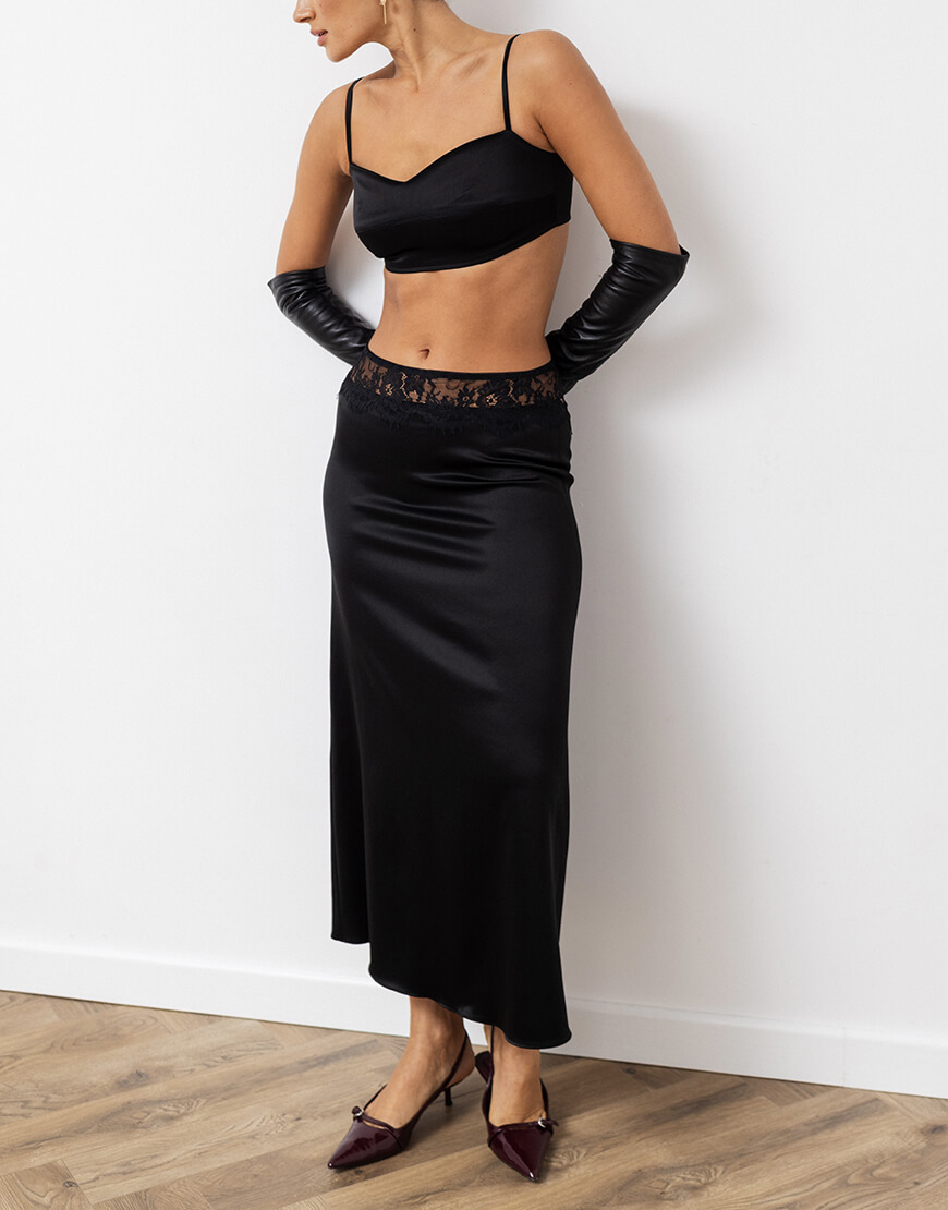 _PHT9359 Чорна атласна спідниця з мереживом SAVOUR (SVR_FD-21) - фото 2