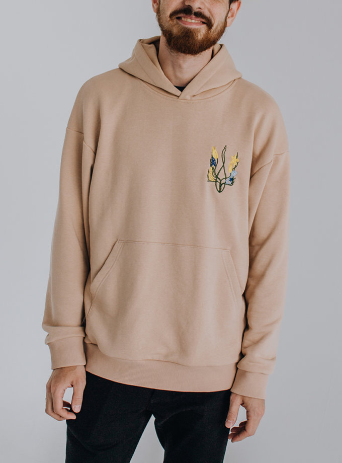 Худі оверсайз Квітучий тризуб бежевий NI GRAMA DRAMY (NGD_hood-kt-l-bg)