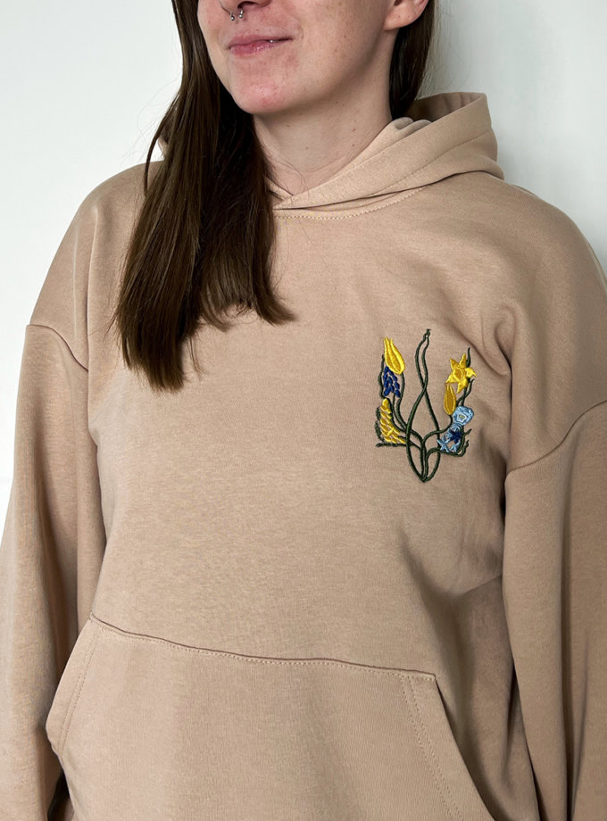 Худі оверсайз Квітучий тризуб бежевий NI GRAMA DRAMY (NGD_hood-kt-l-bg)