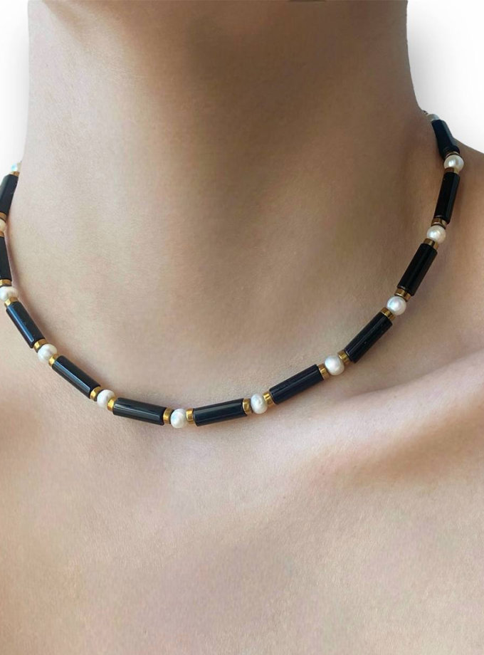 Чокер з чорного каміння та перлин NSTONE (NST_NS45)