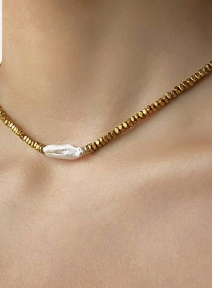 Намисто з дрібного гематиту з прямокутною перлиною NSTONE (NST_NS48)